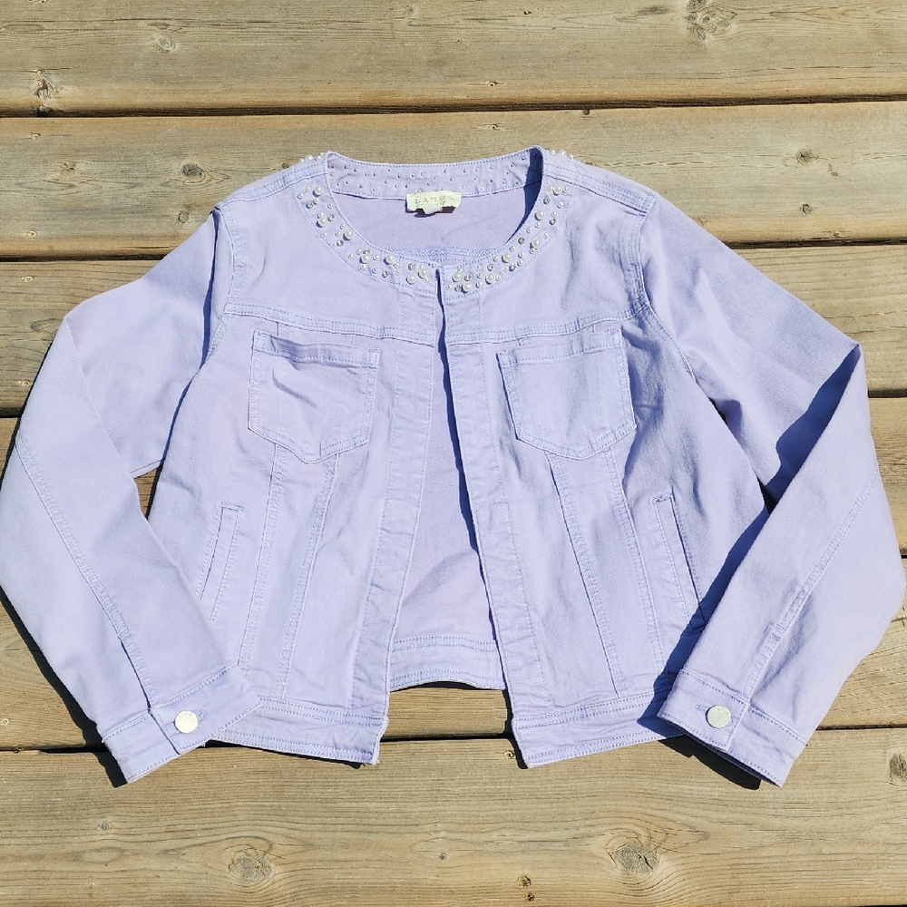 (10) Lavender Lilac Pastel Jean Jacket Casual Style Rhinestones Pearls Classic